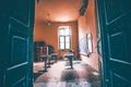 Vintage old destroyed classroom inside abandoned school with chalk board Royalty Free Stock Photo