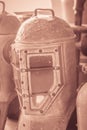 Vintage old diving helmet in brass and steel for deep sea diving Royalty Free Stock Photo