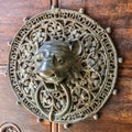 Vintage old door with lion door knocker,