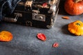 Vintage old fashioned Suitcase with pumpkins and autumn leaves on dark background. Travel agency, antique store concept. Copy Royalty Free Stock Photo