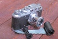 Vintage old film photo-camera in leather case Royalty Free Stock Photo