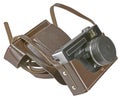 Vintage old film photo-camera in leather case Royalty Free Stock Photo