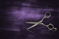 Vintage, old, hairdressing scissors, on shabby purple background. Barbershop background. Reflection. Copy space. Royalty Free Stock Photo