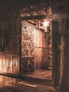 Vintage old house made of wood and old lamp architecture wall and door texture design Royalty Free Stock Photo