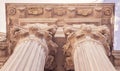 Vintage Old Justice Courthouse Column. Neoclassical colonnade with corinthian columns as part of a public building Royalty Free Stock Photo