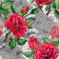 Vintage old letters with hand written notes, postal stamps, watercolor red rose flowers. Seamless pattern Royalty Free Stock Photo