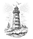 Vintage old lighthouse and sea waves. Seascape engraving style vector illustration of beacon Royalty Free Stock Photo