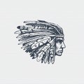 Vintage old logo or badge, label engraved and old hand drawn style with indian face, native american with feathers in Royalty Free Stock Photo