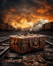 Vintage old luggage sitting on a track Royalty Free Stock Photo