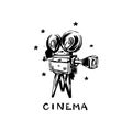 Vintage old movie camera on a white background. Cinema. Hand-drawn paint and vector hand-drawn illustration. Royalty Free Stock Photo