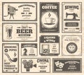 Vintage old newspaper page advertising retro banners. Retro newspaper shops and services ads templates vector Royalty Free Stock Photo