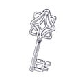 Vintage old ornated door key, engraved outlined drawing in retro detailed style. Etched antique locking item with forged