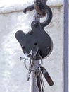 Vintage Old padlock with bunch of keys and key inside Lock and hanged on door Badoli near Idar Sabarkantha