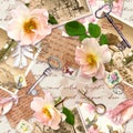 Vintage old pages with handwritten notes, photos, post stamps, watercolor feathers, keys, rose flowers for scrapbooking