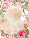 Vintage old paper with hand written letters, photos, stamps, keys, watercolor rose flowers. Card or blank design Royalty Free Stock Photo