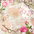 Vintage old paper with hand written letters, photos, stamps, keys, watercolor rose flowers. Card or blank design Royalty Free Stock Photo