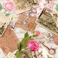 Vintage old paper with hand written letters, photos, stamps, keys, watercolor rose flowers for scrap book. Nostalgic Royalty Free Stock Photo