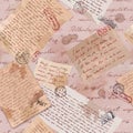 Vintage old paper with hand written letters and postal stamps. Repeating wallpaper for interior design