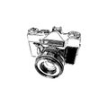 Vintage old photo camera sketch in engrave style. Monochrome illustration of retro SLR camera with lens