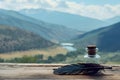 Vintage old quill pen, inkwell on wooden table of view backgroung. AI Generated Royalty Free Stock Photo