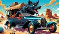 vintage old retro car automobile mean black wolf dog driver Royalty Free Stock Photo