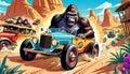 vintage old retro car gorilla ape desert road trip Royalty Free Stock Photo