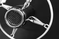 Vintage old round studio voice microphone, black and white Royalty Free Stock Photo