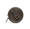 Vintage old and rusty black measuring tape on a white background Royalty Free Stock Photo