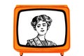 Vintage old 1970s Orange TELEVISION with a lady TV announcer in engraving style