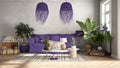 Vintage, old style living room in purple tones, Sofa, carpet, pillows and rattan pendant lamps, tables with decors and potted Royalty Free Stock Photo