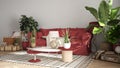 Vintage, old style living room in red tones, Sofa, carpet, and pillows, tables with decors and potted plants, carpet, window, Royalty Free Stock Photo