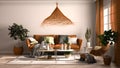 Vintage, old style orange living room with sofa and armchair, coffee table with decors and plants, carpet, window with curtains, Royalty Free Stock Photo