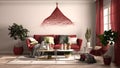 Vintage, old style red living room with sofa and armchair, coffee table with decors and plants, carpet, window with curtains, Royalty Free Stock Photo