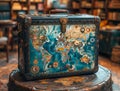 Vintage old suitcase and map of the world in library Royalty Free Stock Photo