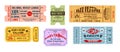 Vintage old tickets and coupons. Old paper cardboard texture tickets at cinema amusement entertainment lottery