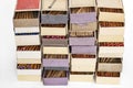 Vintage old used matchboxes stacked Royalty Free Stock Photo