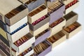 Vintage old used matchboxes stacked Royalty Free Stock Photo