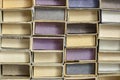 Vintage old used matchboxes stacked Royalty Free Stock Photo