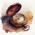 Vintage open pocket watch in watercolor technique. Retro accessory time. Royalty Free Stock Photo