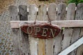 Vintage open sign at wooden fence, Decoration at entrance Royalty Free Stock Photo