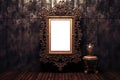 Vintage openwork bronze metal frame on a old wall background. Photo frame mockup