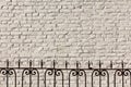 Vintage openwork forged fence on the background of the light brick wall of the house.