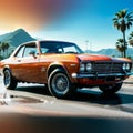 Vintage orange car on a scenic mountain road