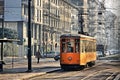 Vintage orange tram in Milan, Italy