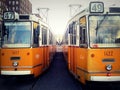 Vintage orange trams on the street of Budapest