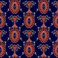 Vintage oriental paisley seamless pattern. Vector dark blue floral background wallpaper with red gold beautiful paisley Royalty Free Stock Photo