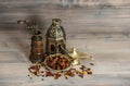 Vintage orintal latern and mill. Raisins and dates Royalty Free Stock Photo