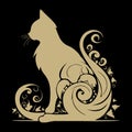 Vintage Ornamental Cat Silhouette. Floral Patterned Old Retro Art Nouveau Style Beautiful Golden Cat Pattern With Swirls, Lines,