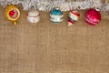 Vintage Ornaments and Tinsel on Burlap with Copyspace