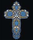 Vintage Ornate Christian Cross from sapphire and gold brilliant stones, small beautiful flowers, rhinestone applique